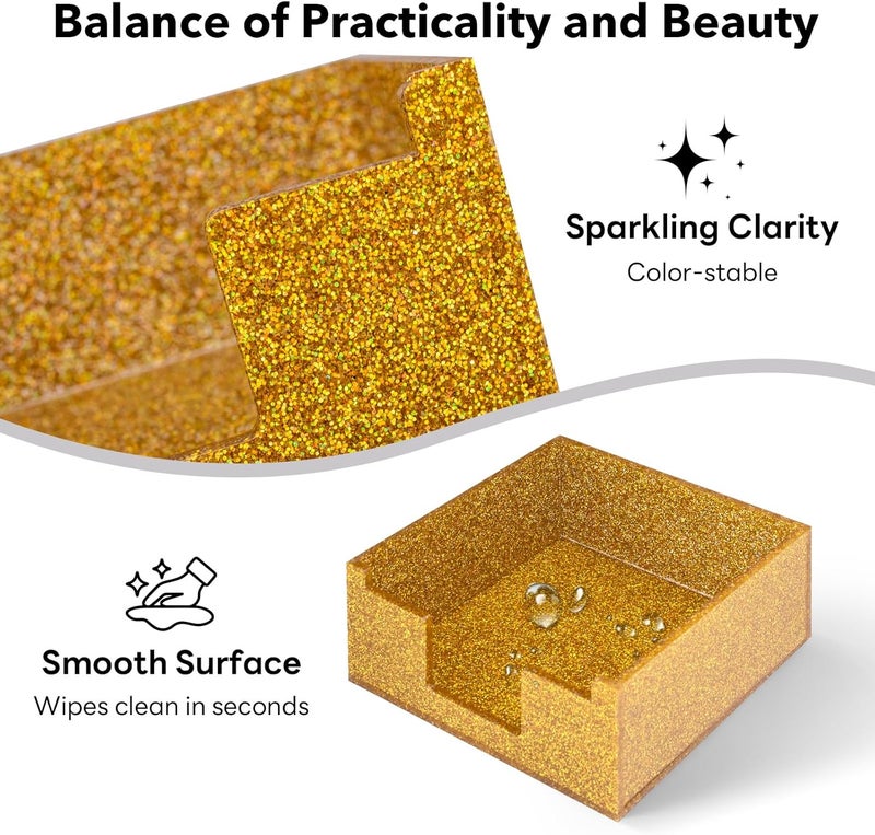 Luminzo Gold Sparkling Sticky Note Holder, Glitter Acrylic Organizer, 3.94 x 3.94 in Multi-Use Tray for Office, School & Home Desk - Image 4